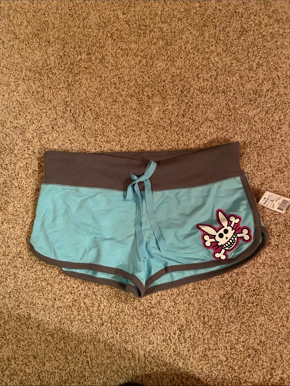 Women's Turquoise Athletic Drawstring Shorts with Skull Bunny Patch